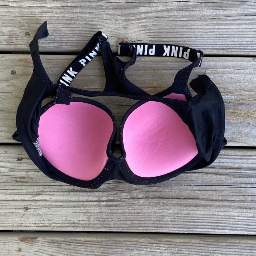 VS PINK ULTIMATE Push Up Sports Bra Sz Medium A-C Cup Black w Logos Racerback - Picture 12 of 12